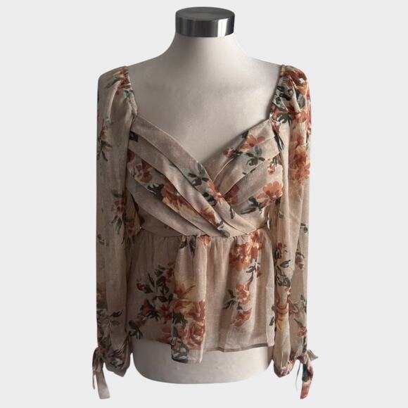 Enchanted Garden Floral Chiffon Peasant Top Small 100% Polyester Natural - Picture 2 of 13